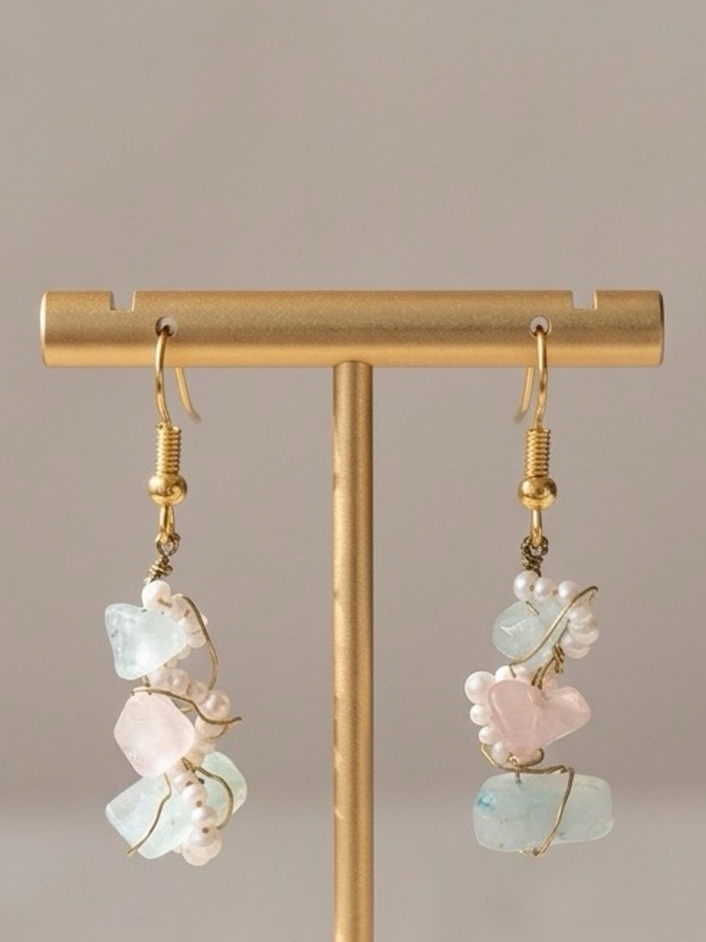 Denity Pastel Aquamarine and Rose Quartz Drop Earrings - Gold
